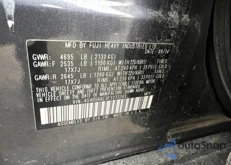 2015 Subaru Outback 2.5I из США, поврежденный, VIN 4S4BSAAC3F3233343